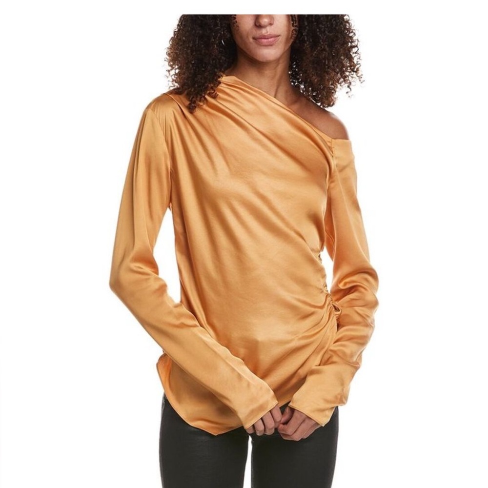 A.L.C. Jamie Top Gold Tawny Off Shoulder Draped, Ruched, Long Sleeve Top 4 NWT
